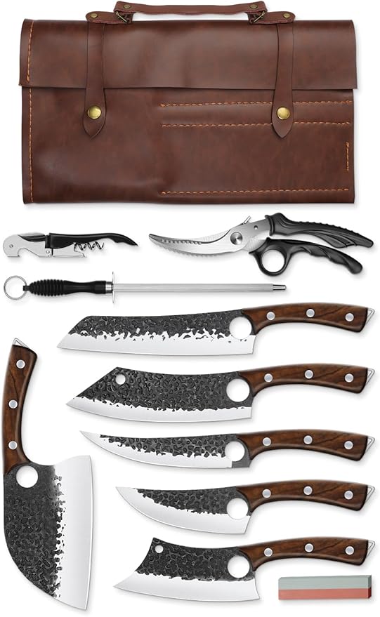 Purple Dragon Butcher Knife Set, 12 Pcs Kitchen Knives Set - Hand Forged Serbian Meat Cleaver Boning Viking Knives, Knives Set with Roll Bag for Home Cooking BBQ, Gifts for Dad Fathers