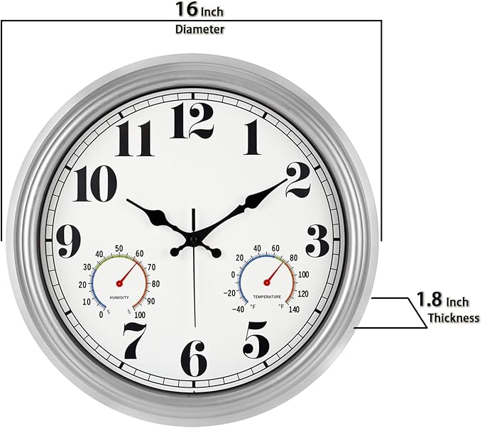 JENLYSTIME 16 Inch Silver Vintage Waterproof Indoor/Outdoor Wall Clock with Thermometer & Hygrometer, Large Numerals & Silent Sweep Movement - Ideal for Porch, Garden, Pool