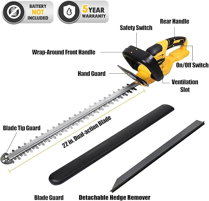 MaxMore Cordless Hedge Trimmer, Compatible with DeWALT 20V Max Battery (Tool Only) Electric Brushless Hedge Shear with 22-Inch Blade & 1500RPM Speed & Safety Lock, Lightweight & Handheld for Lawn Yard