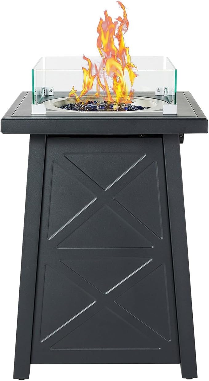 19.5 Inch Steel Fire Table, 40,000 BTU Outdoor Gas Fire Pit, Modern Pattern Patio Column Propane Fire Pit Fireplace w/Glass Rocks, Cover, Lid, Glass Wind Guard