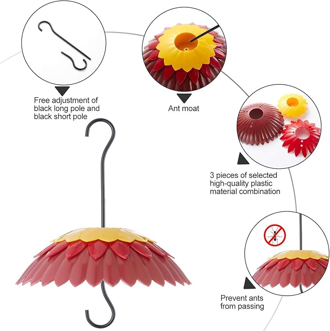 3 Pcs Hummingbird Feeder Umbrellas with Ant Moat, Skaithee 8" Baffles for Bird Feeder with Ant Guard & Shepherd Hooks, Bright Colors Attract More Birds & Anti Sun/Rain/Snow/Ants (3 Pcs 8 inches 20cm)