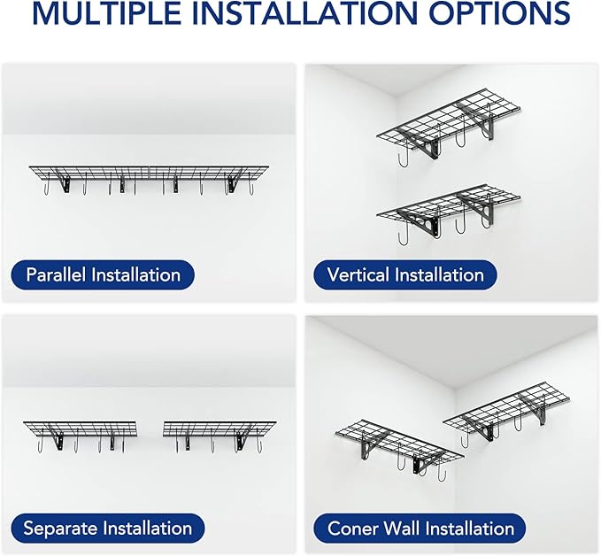 FLEXIMOUNTS Garage Wall Shelving, 2-Pack 1x3 ft, Includes 8 Bike Hooks, Wall Shelf Garage Organization System w/Bike Hangers, Storage Rack, Floating Shelves, 300 lbs Weight Capacity