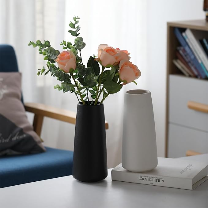 10" Black Vase - Tall Black Ceramic vase for Flower, Simple Matte Black Vases for Pampas Grass, Minimalist Farmhouse Boho vases for Centerpieces, Home Decor, Bathroom Decor