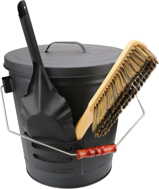 Uniflasy Ash Bucket with Lid, Shovel and Hand Broom, 5.2 Gallon Metal Coal Ash Bucket for Fireplace, Fire Pits, Wood Burning Stove, Ash Can with Lid fireplace Wood Stove Ash Fireplace Cleaning Tools