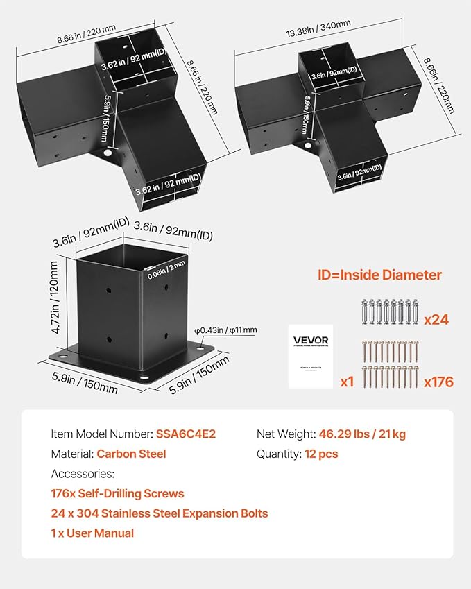 VEVOR Pergola Kit, 4x4 Inch Pergola Brackets for 3.5x3.5 Inch Wood Beams in Actual Dimension, 3-Way (4 Pcs) and 4-Way (2 Pcs) Gazebo Brackets with 6 Post Bases, for Outdoor Pergolas, Gazebos, Sheds