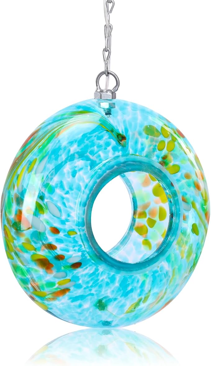 Yinns Bird Feeder - Fly Through Bird Feeders for Outside Hanging with Round Shape Glass Container, Solar Birdsfeeder for Yard Garden Decor, 8-Inch