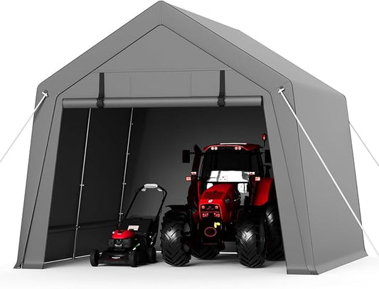 Garvee 10'x15' Outdoor Portable Storage Shed, Waterproof & UV-Resistant Garage Shelter with 2 Roll-Up Zipper Doors, Anti-Snow Carport Tent for Motorcycle, Bike, and Outdoor Equipment, Gray
