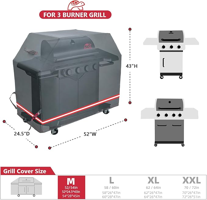Turtle Life BBQ Grill Cover, 52 Inch Heavy Duty Waterproof 3 Burner Barbecue Gas Grill Covers for Weber Spirit Char-Broil Performance and Signature, Black