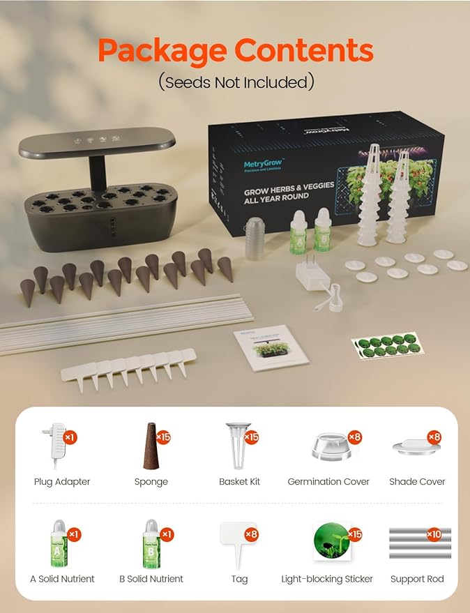 MG-15 Hydrophonic Growing System Kits, Smart Indoor Garden with 24W Grow LED Light Full Spectrum, 15 Pods Herb Garden Planter Indoor Gardening for Gifts, Kitchen