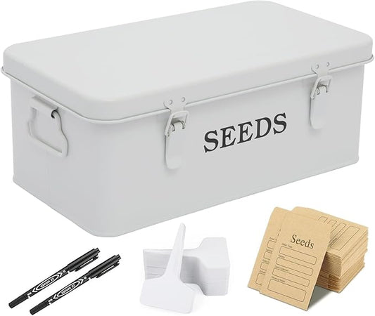 Seed Storage Organizer, 4 Compartment Seed Storage Box with Safety Lock, Metal Seed Box Container with 2 Pens, 20 Plant Labels and 50 Seed Envelopes for Seed Packet & Small Garden Tool, White