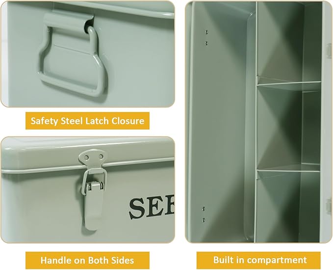 Seed Storage Organizer, 4 Compartment Seed Storage Box with Safety Lock, Metal Seed Box Container with 2 Pens, 20 Plant Labels and 50 Seed Envelopes for Seed Packet & Small Garden Tool, Green