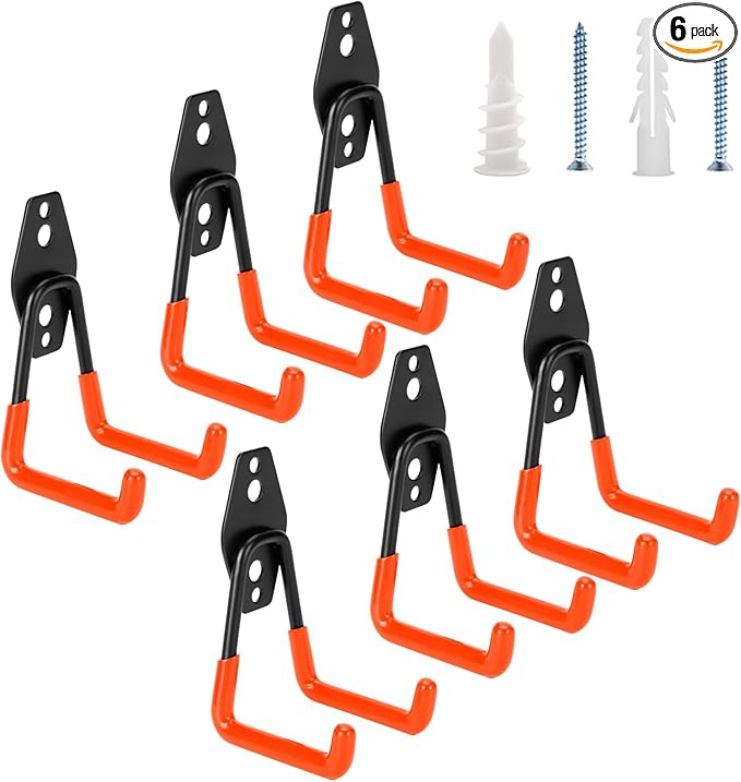 6 Pack Garage Hooks Heavy Duty - Supports 100 lbs, Utility Steel Garage Hanger & Organizer for Organizing Garden Lawn Tools, Ladders, Garden Hose, Digging Shovel, Bikes, Ropes (Orange)