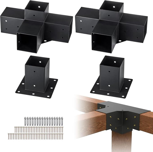 VEVOR Pergola Bracket Kit, 4x4 Inch (Inner Size 3.5x3.5), 2 Pcs 4-Way Heavy Duty Corner Bracket Woodworks DIY Post Base Kit, Easy Installation Wooden Beams for Gazebos, Patio Pergolas, Log Cabin