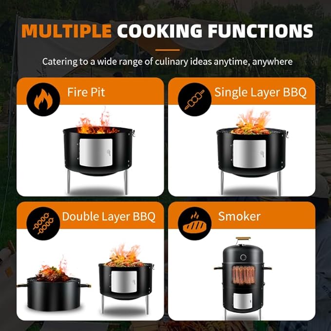 17-1/2" BBQ Smoker Grill & Grill Cover Smoker with Rack 4 Hooks Wooden Handles BBQ Smoker Single Door Design Outdoor Cooking Large Capacity Charcoal Smoker for Parties Gathering Camping