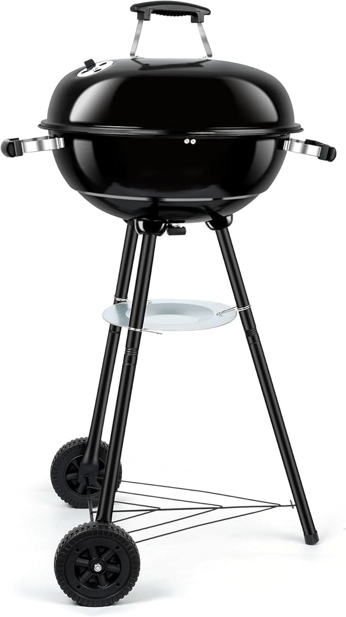 18 Inch Kettle Charcoal Grill, Leonyo Outdoor Barbecue Kettle Grill, Portable Round Smoker with Wheels, Porcelain-Enameled Lid & Fire Bowl, Perfect for Camping/Backyard/Tabletop Cooking/BBQ Party
