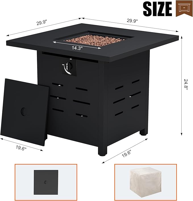 Walsunny 30 inch Outdoor Propane Fire Pit 40,000 BTU Gas Fire Pit Table with Lid & Lava Rock, Waterproof Cover, Square Gas Firepit Table for Garden/Patio, CSA Certification