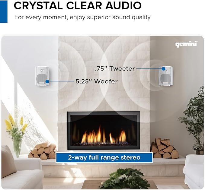 Gemini Sound GHSI-W525BT 5.25" Outdoor Bluetooth Speakers IP44 Waterproof Wired Powered Wall Mount Pair with Aluminum Grills, Patio Ready, Daisy-Chain Up to 16 Speakers, Balanced Stereo Audio (White)