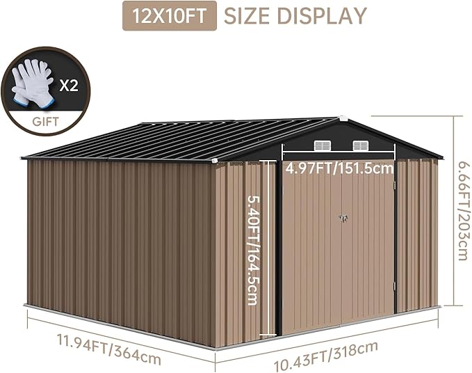 Garvee 12×10FT Outdoor Storage Shed, Metal Waterproof Garden Storage Shed Galvanized Steel Utility Tool Shed with Lockable Doors & Vents, All-Weather Shelter for Bike/Kids Car/Mowers/Tool, etc. Brown