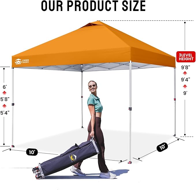 CROWN SHADES 10x10 Pop Up Canopy - Beach Tent with One Push Setup - Easy Outdoor Sun Shade for Events, Parties, Camping - Gazebo with STO-N-Go Cover Bag, Silver Coated Top, Orange