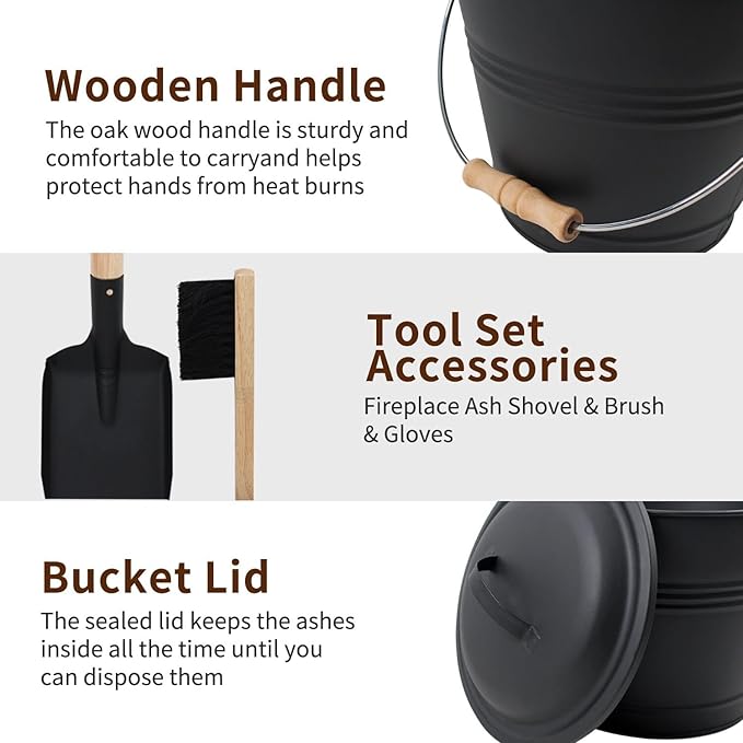 BRIAN & DANY Mini Ash Bucket with Lid and Shovel, 1.3 Gallon Fireplace Bucket with Broom, Ash Can for Fireplace, Ashes, Fire Pit, Wood Burning Stove