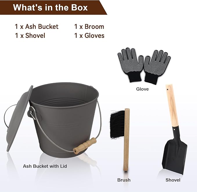 BRIAN & DANY Mini Ash Bucket with Lid and Shovel, 1.3 Gallon Fireplace Metal Bucket with Broom, Coal Bucket Ash Can for Fireplace, Ashes, Fire Pit, Wood Burning Stove, Grey