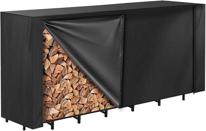 Vailge Firewood Rack Cover 8FT, Waterproof Firewood Rack Outdoor Cover with Full Front Zipper & Windproof Straps, Heavy Duty 600D Oxford Log Protector for All Seasons