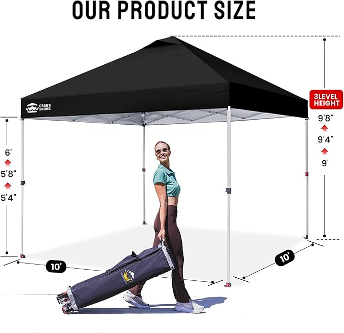CROWN SHADES 10x10 Pop Up Canopy - Beach Tent with One Push Setup - Easy Outdoor Sun Shade for Events, Parties, Camping - Gazebo with STO-N-Go Cover Bag, Silver Coated Top, Black