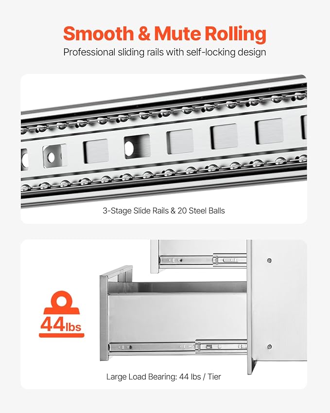 VEVOR Outdoor Kitchen Drawers 16" W x 28.5" H x 20.5" D, Flush Mount Triple Access BBQ Drawers with Stainless Steel Handle, BBQ Island Drawers for Outdoor Kitchens or BBQ Island Patio Grill Station