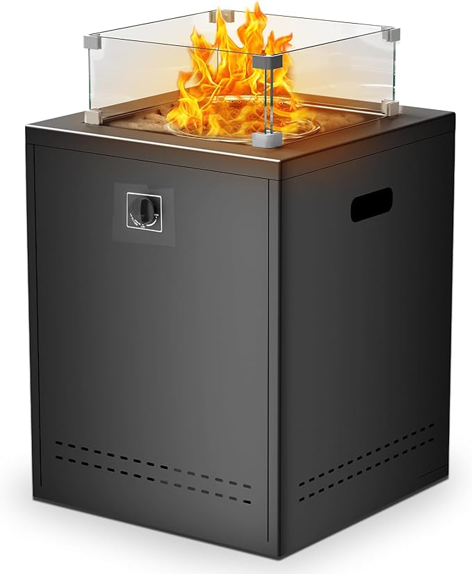 Fire Pit Table Propane Smokeless Fire Pit Outside Heater Patio with Lava Rocks,Glass Wind Guard and Cover,20" Square Fire Pit Table for Balcony Garden Outdoor Camping Deck Backyard,Black