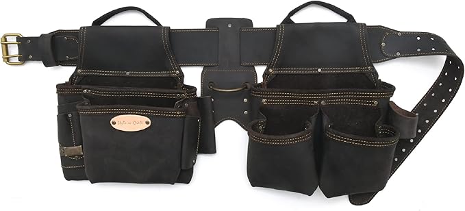 Style n Craft 4-Piece and 17-Pocket Pro Framer’s Combo, Tool Belt with 2 Tool Pouches and 1 Hammer Holder, Full-Grain Oiled Leather Tool Belt, Dark Brown (90429)