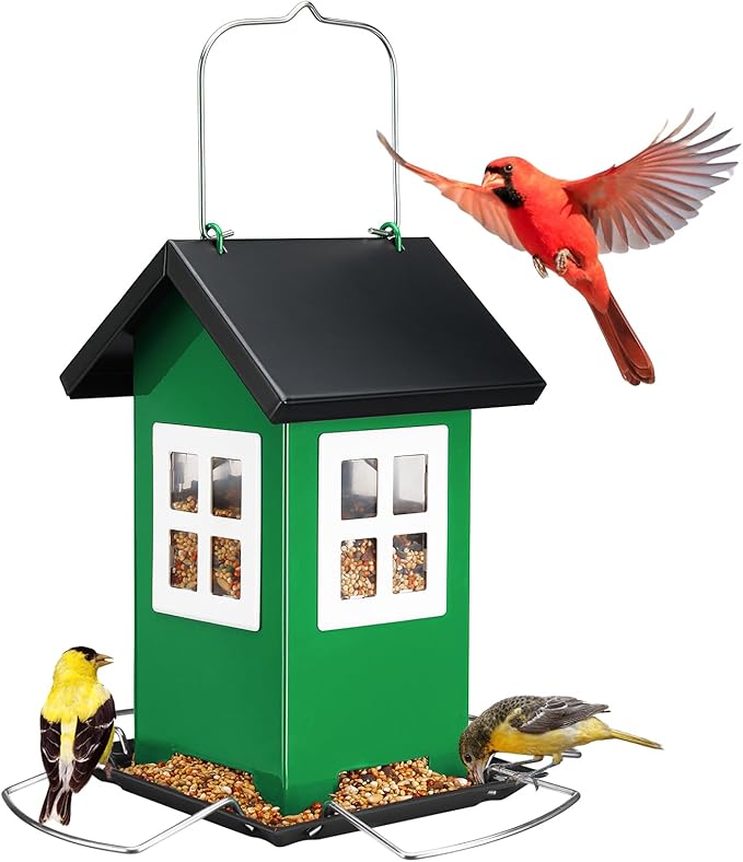 Veehoo Bird House Feeders for Outdoors Hanging-Metal Wild Bird House Feeders with 4 Ports, Country House Design, Garden Yard Decor Weatherproof Hanging Bird Feeder for Outside, Green