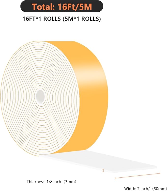 Weather Stripping Door Seal Strip,Foam Weather Stripping,Strong Adhesive,Weatherproof, Reduce Noise, Gap Filler, Foam Insulation Tape for Doors and Windows (White,2 in x 1/8 in x 15Ft)