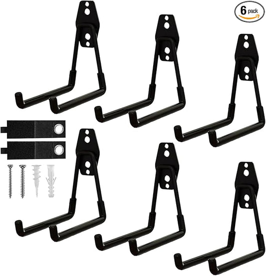 Garage Hooks, 6 Pack Medium Square Wall Hooks for Hanging Heavy Duty Ladders, Bikes, Tools Ideal for Garage, Garden, Basement Utility Room Storage (Black)