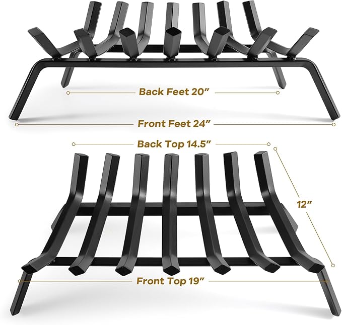 Fireplace Log Grate 24 Inch Cast Iron Fire Place Grates Heavy Duty Solid Steel 3/4” 7 bars Firewood Stove Indoor Chimney Hearth Outdoor Fire Pit Log Burning Rack