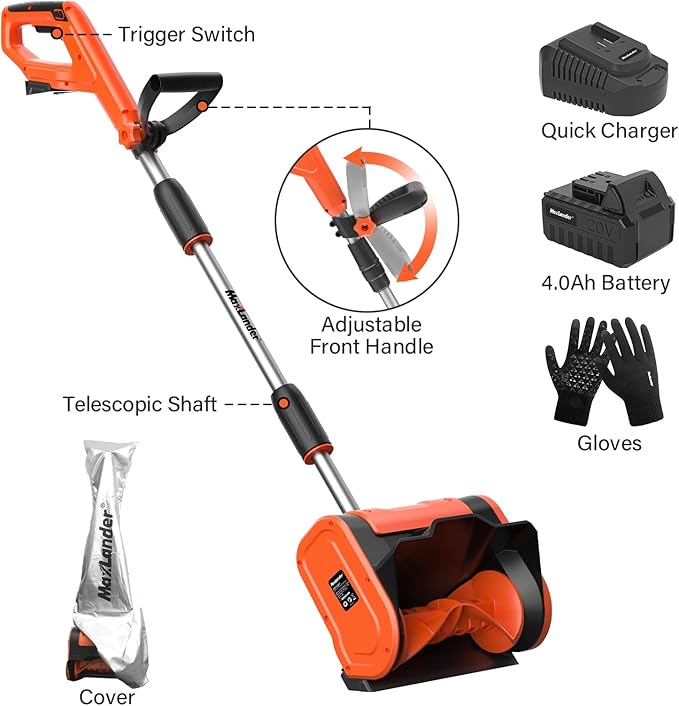 MAXLANDER Electric Snow Shovel Cordless, 20V 12-Inch Cordless Snow Blower, Battery Snow Shovel with Directional Plate and Adjustable Front Handle (4.0Ah Battery, Charger and Cover Included)