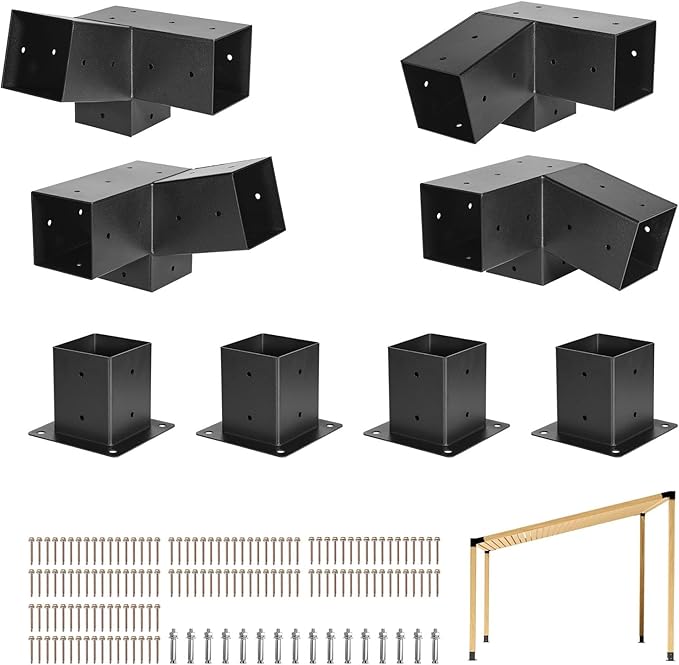 VEVOR Pergola Kit, 4x4 Inch 3-Way Slanted Bracket for 3.5x3.5 Inch Wood Beams in Actual Size, Carbon Steel Pergola Bracket with Screws and Post Bases, for Outdoor Wood Pergolas, Gazebos, Sheds, 8 Pcs