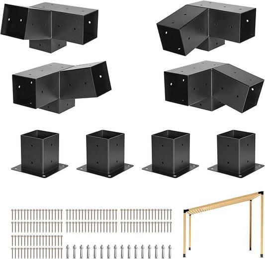 VEVOR Pergola Kit, 4x4 Inch 3-Way Slanted Bracket for 3.5x3.5 Inch Wood Beams in Actual Size, Carbon Steel Pergola Bracket with Screws and Post Bases, for Outdoor Wood Pergolas, Gazebos, Sheds, 8 Pcs