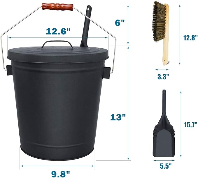 Uniflasy Ash Bucket with Lid, Shovel and Hand Broom, 5.2 Gallon Metal Coal Ash Bucket for Fireplace, Fire Pits, Wood Burning Stove, Ash Can with Lid fireplace Wood Stove Ash Fireplace Cleaning Tools