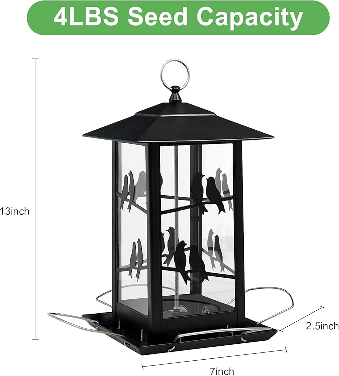 Vivace Bird Feeder, Large 4LBs Metal Hanging Feeder With Perches for Wild Birds, Outdoor Garden and Backyard, Black