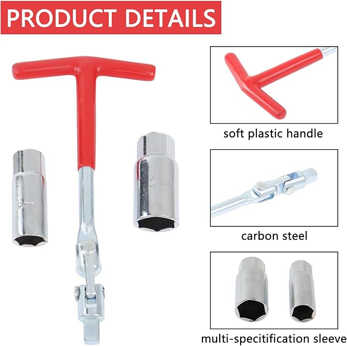 Spark Plug Socket Wrench T-Handle 5/8 Inch (16 mm) and 13/16 Inch (21 mm) Spark Plug Socket Wrench Remover Installer Tool for Motorcycles, Lawn mowers and Small Motor Vehicles, etc