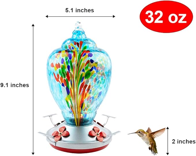 WOSIBO Hummingbird Feeder for Outdoors Patio Large 32 Ounces Colorful Hand Blown Glass Hummingbird Feeder with Ant Moat Hanging Hook, Rope, Brush and Service Card (Blue-Firework)