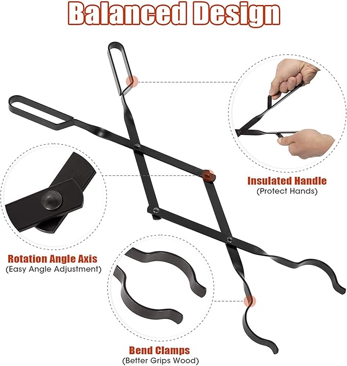 Bettermade Fireplace Tongs, 26" Log Grabber for Outside, Heavy Duty Wrought Iron Firewood Tongs, Outdoor/Indoor Fire Pit Tools for Campfire Bonfire, Stove Fire Pit Accessories