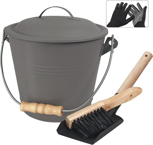 BRIAN & DANY Mini Ash Bucket with Lid and Shovel, 1.3 Gallon Fireplace Metal Bucket with Broom, Coal Bucket Ash Can for Fireplace, Ashes, Fire Pit, Wood Burning Stove, Grey