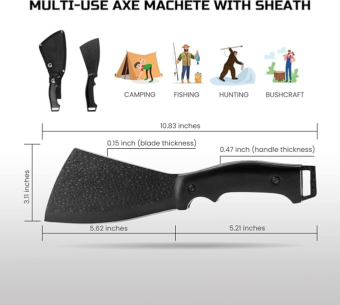11 Inch Hatchet with Sheath, Small Compact Machete Axes, Fixed Blade Full Tang Camping Tactical Knife for Woodworking, Garden Machete Axe with Sheath for Bushcraft Yards Bushes Wood, A1BK