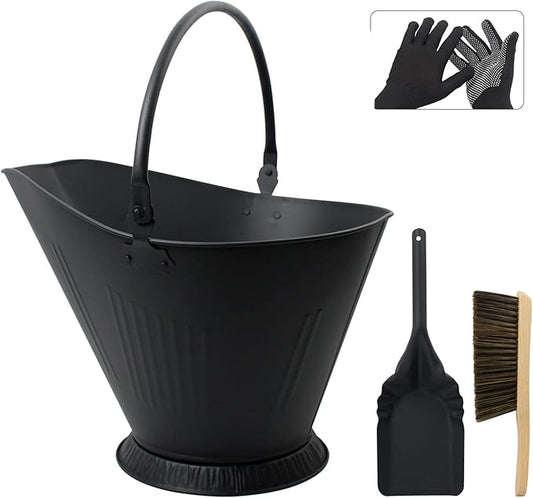 Poofzy Ash Bucket for Fireplace, 3.2 Gallon Metal Fireplace Ash Bucket for Wood Stove, Includes Shovel, Broom and Gloves Indoor & Outdoor