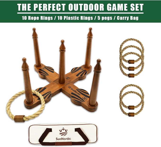 Wooden Ring Toss Game Set, Backyard Beach Camping Game with Toss Rings & Portable Carrying Bag, Outdoor Lawn & Yard Games for Kids, Adults & Family