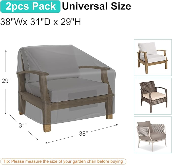 Patio Chair Covers for Outdoor Furniture Waterproof 2 Pack, Lawn Chair Covers 600D Heavy Duty Oxford Cloth, Large Covers for Lounge Lawn Deep Seat Black 38" W x 31" D x 29" H