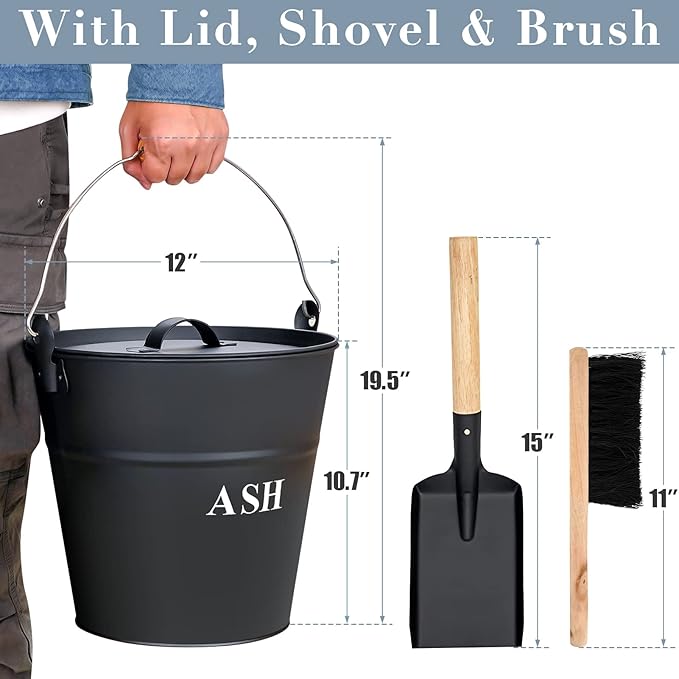 Ash Bucket with Lid, Shovel, and Broom - 3.5-Gallon Metal Ash Can for Fireplaces, Wood Stoves, and Fire Pits