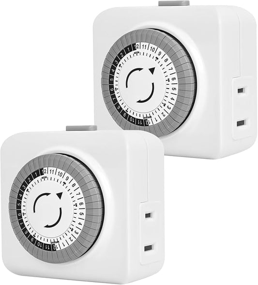 Timers for Electrical Outlets Indoor, 24-Hour Plug-in Mechanical Outlet Timer, 30 Minute Intervals, 2 Prong Light Timers, Daily On/Off Cycle for Christmas Tree, ETL Listed, 2Pack