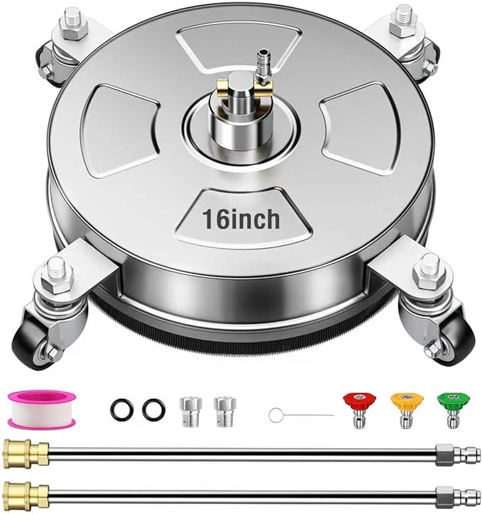 16" Pressure Washer Surface Cleaner with 4 Wheels, Stainless Steel Housing, 4000 PSI Max, 3 Connect Nozzles & 2 Extension Wands, Pressure Washer Surface Cleaner for Concrete, Patios, Sidewalks